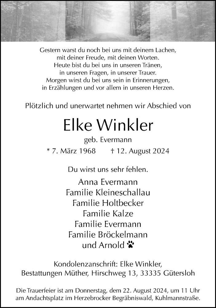  Traueranzeige für Elke Winkler vom 17.08.2024 aus Neue Westfälische