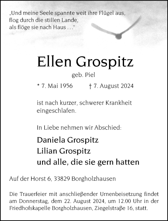 Traueranzeige von Ellen Grospitz von Neue Westfälische