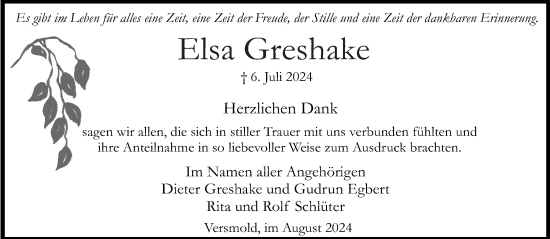 Traueranzeige von Elsa Greshake von Neue Westfälische