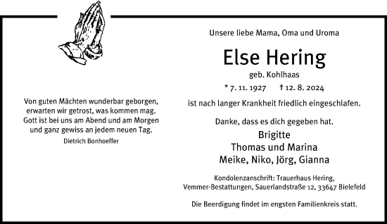 Traueranzeige von Else Hering von Neue Westfälische