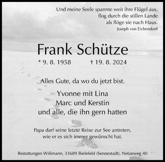 Traueranzeige von Frank Schütze von Neue Westfälische