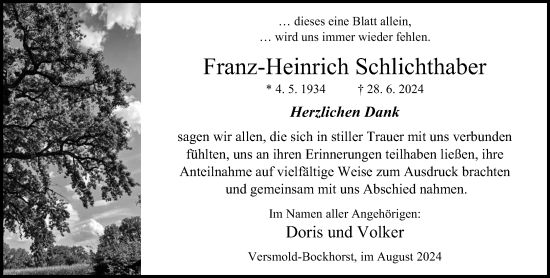 Traueranzeige von Franz-Heinrich Schlichthaber von Neue Westfälische