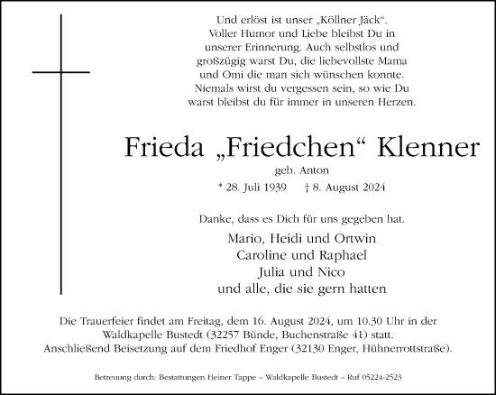 Traueranzeige von Frieda Klenner von Neue Westfälische