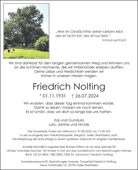 Traueranzeige von Friedrich Nolting von Neue Westfälische