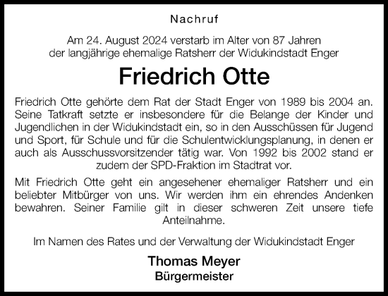 Traueranzeige von Friedrich Otte von Neue Westfälische