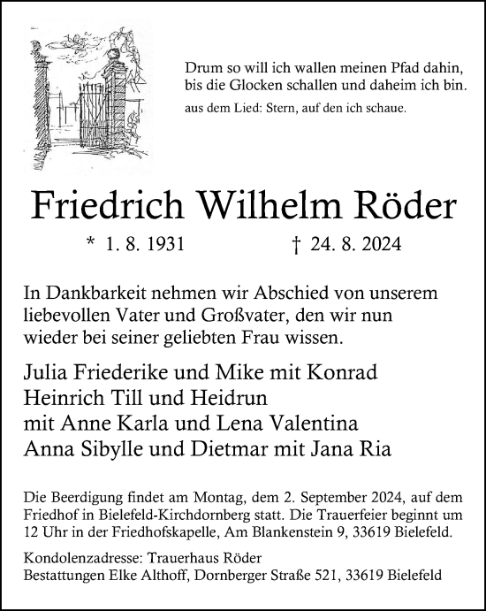 Traueranzeige von Friedrich Wilhelm Röder von Neue Westfälische