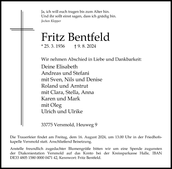 Traueranzeige von Fritz Bentfeld von Neue Westfälische