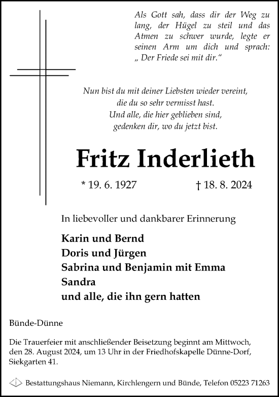 Traueranzeige von Fritz Inderlieth von Neue Westfälische