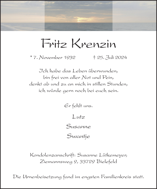 Traueranzeige von Fritz Krenzin von Neue Westfälische