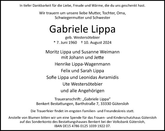 Traueranzeige von Gabriele Lippa von Neue Westfälische