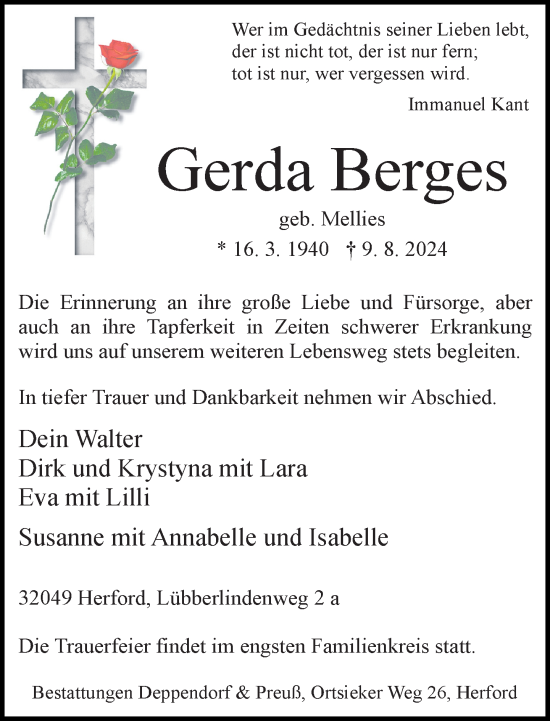 Traueranzeige von Gerda Berges von Neue Westfälische