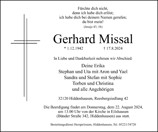 Traueranzeige von Gerhard Missal von Neue Westfälische