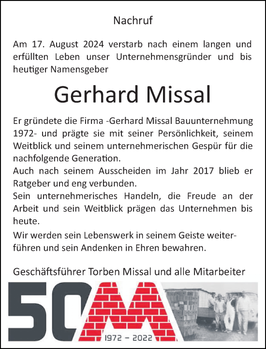 Traueranzeige von Gerhard Missal von Neue Westfälische