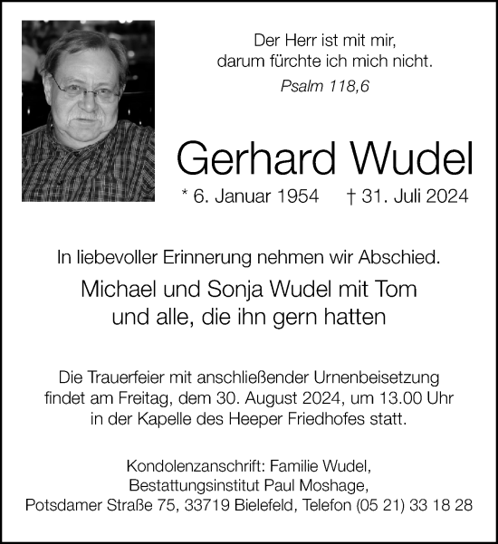 Traueranzeige von Gerhard Wudel von Neue Westfälische