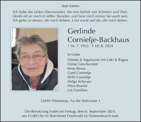 Traueranzeige von Gerlinde Cornielje-Backhaus von Neue Westfälische