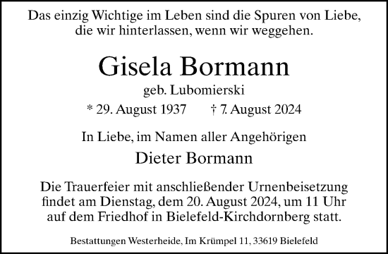 Traueranzeige von Gisela Bormann von Neue Westfälische