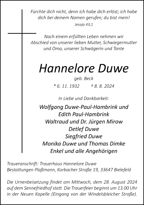 Traueranzeige von Hannelore Duwe von Neue Westfälische