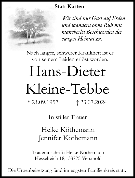 Traueranzeige von Hans-Dieter Kleine-Tebbe von Neue Westfälische