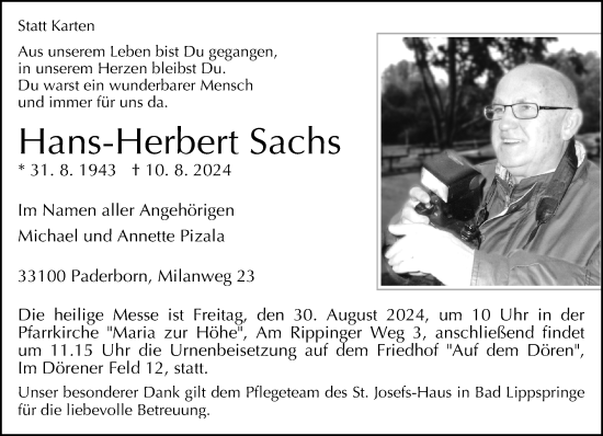 Traueranzeige von Hans-Herbert Sachs von Neue Westfälische