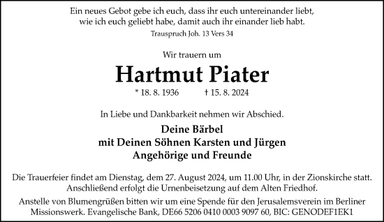 Traueranzeige von Hartmut Piater von Neue Westfälische