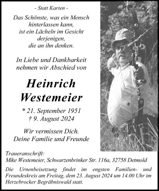 Traueranzeige von Heinrich Westemeier von Neue Westfälische