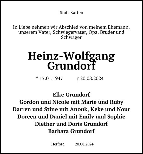 Traueranzeige von Heinz-Wolfgang Grundorf von Neue Westfälische