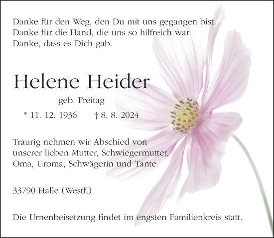 Traueranzeige von Helene Heider von Neue Westfälische