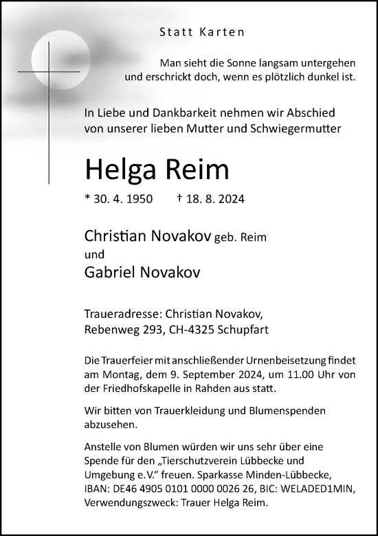 Traueranzeige von Helga Reim von Neue Westfälische