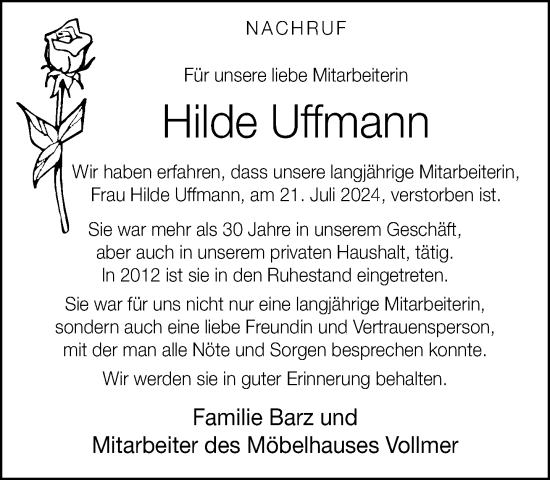 Traueranzeige von Hilde Uffmann von Neue Westfälische