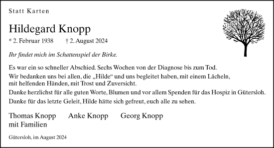 Traueranzeige von Hildegard Knopp von Neue Westfälische