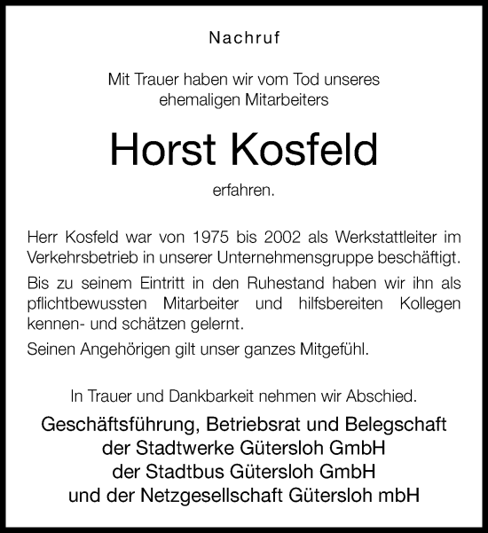 Traueranzeige von Horst Kosfeld von Neue Westfälische