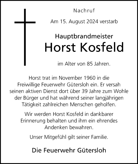 Traueranzeige von Horst Kosfeld von Neue Westfälische