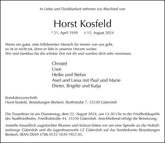 Traueranzeige von Horst Kosfeld von Neue Westfälische