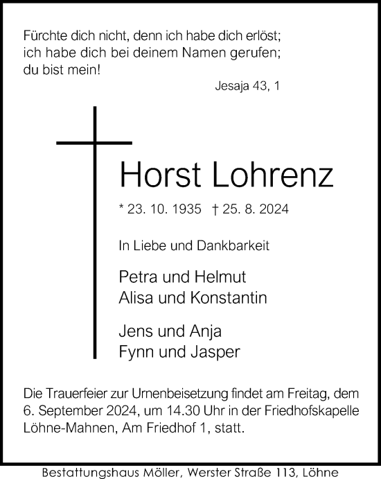 Traueranzeige von Horst Lohrenz von Neue Westfälische