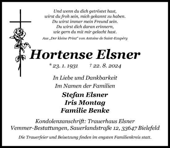 Traueranzeige von Hortense Elsner von Neue Westfälische