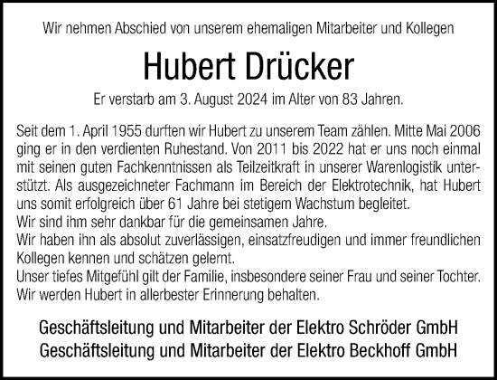 Traueranzeige von Hubert Drücker von Neue Westfälische