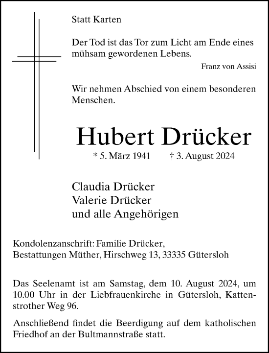 Traueranzeige von Hubert Drücker von Neue Westfälische