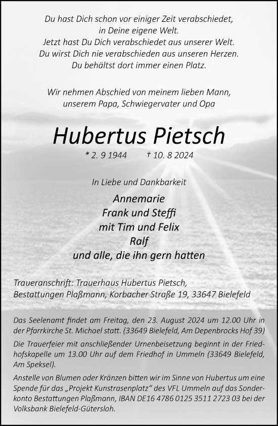 Traueranzeige von Hubertus Pietsch von Neue Westfälische