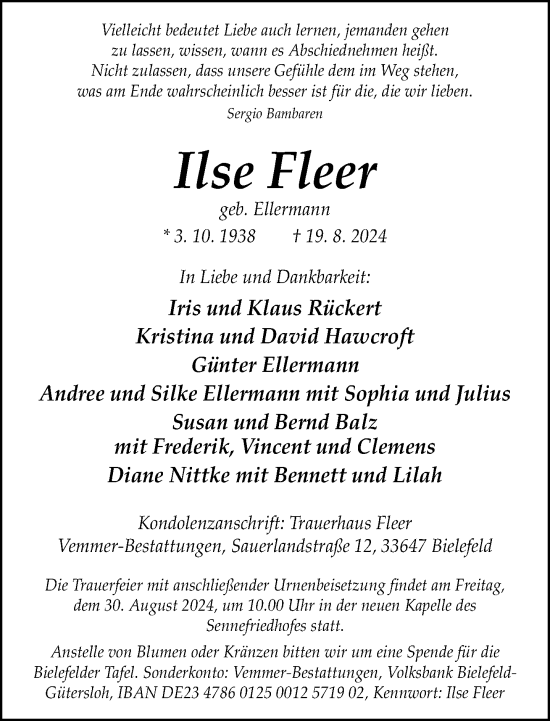 Traueranzeige von Ilse Fleer von Neue Westfälische