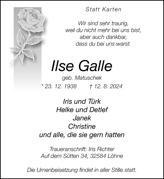 Traueranzeige von Ilse Galle