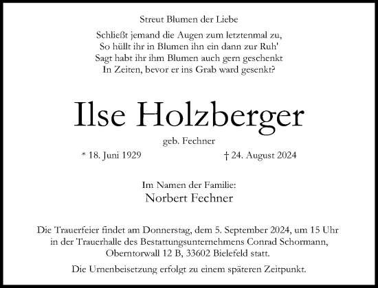 Traueranzeige von Ilse Holzberger von Neue Westfälische