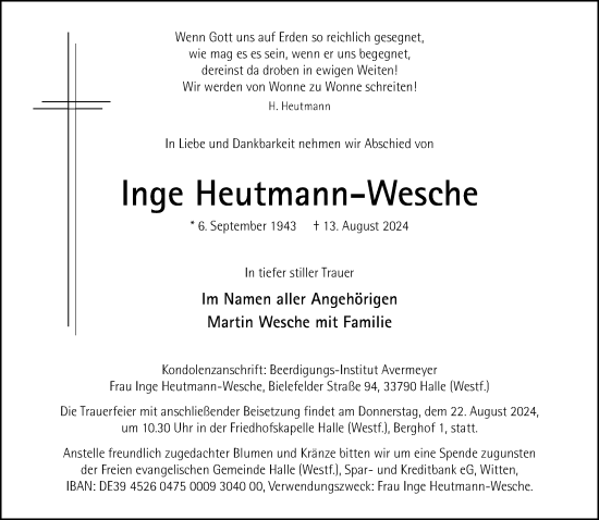 Traueranzeige von Inge Heutmann-Wesche von Neue Westfälische