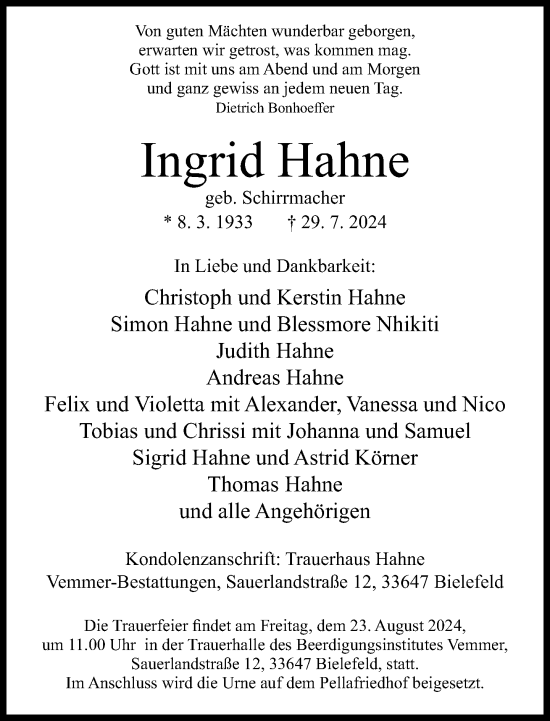 Traueranzeige von Ingrid Hahne von Neue Westfälische