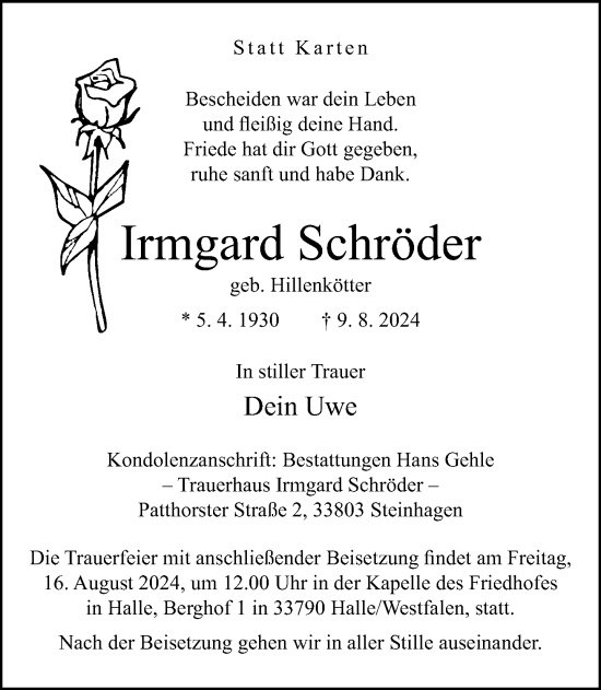 Traueranzeige von Irmgard Schröder von Neue Westfälische