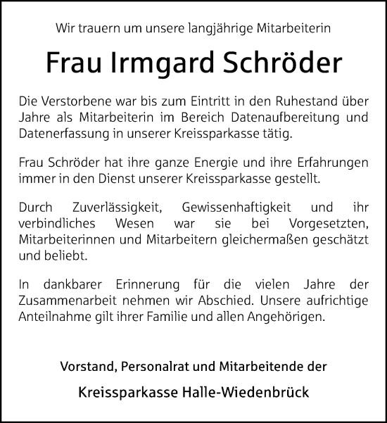 Traueranzeige von Irmgard Schröder von Neue Westfälische