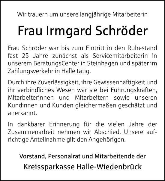 Traueranzeige von Irmgard Schröder von Neue Westfälische