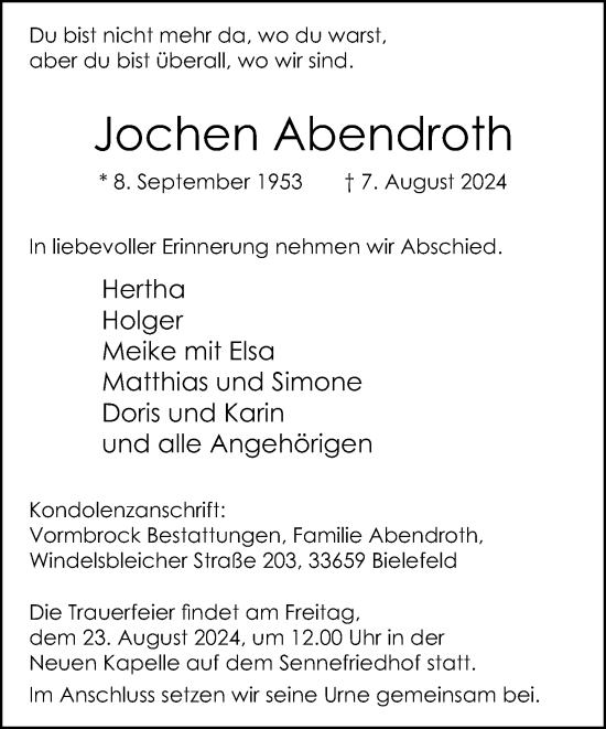 Traueranzeige von Jochen Abendroth von Neue Westfälische