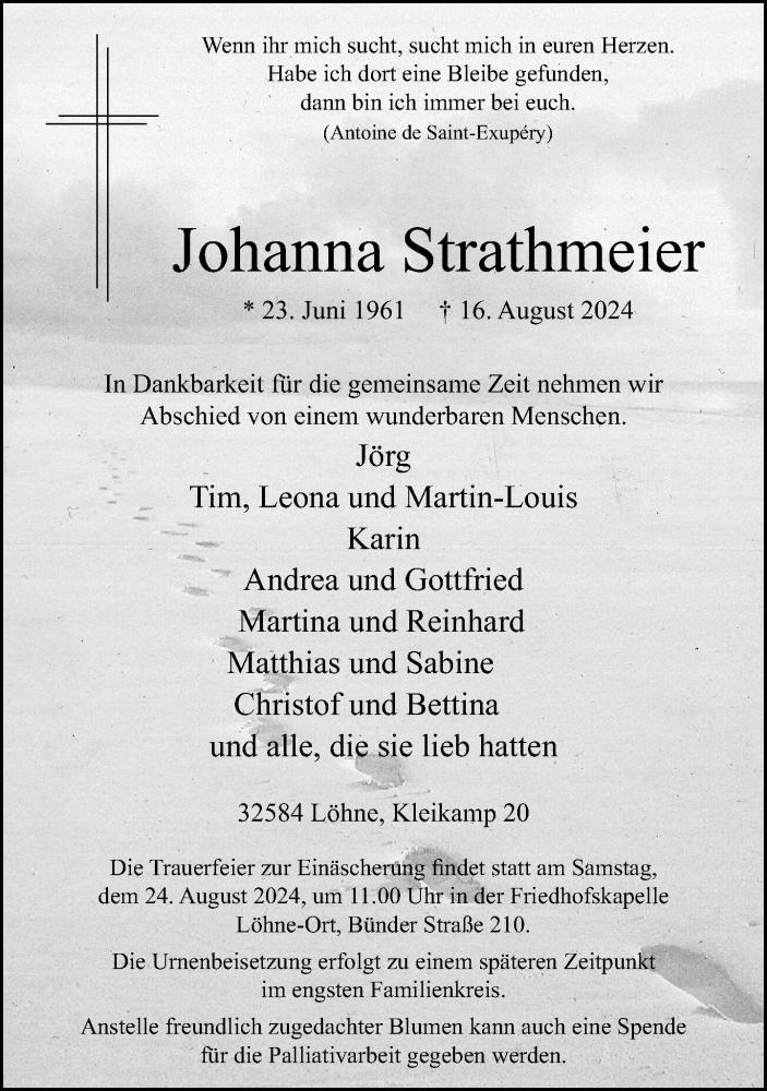  Traueranzeige für Johanna Strathmeier vom 21.08.2024 aus Neue Westfälische