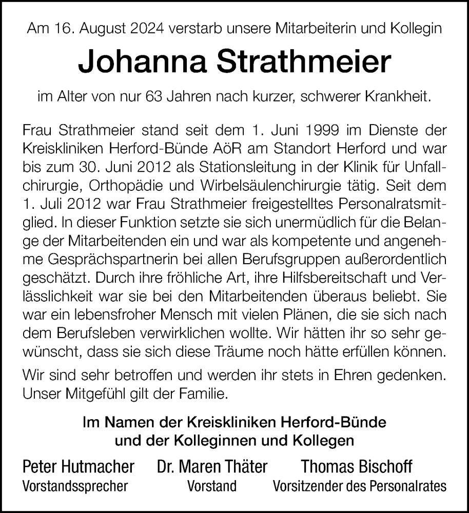  Traueranzeige für Johanna Strathmeier vom 22.08.2024 aus Neue Westfälische