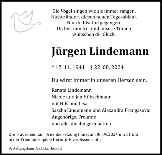 Traueranzeige von Jürgen Lindemann von Neue Westfälische